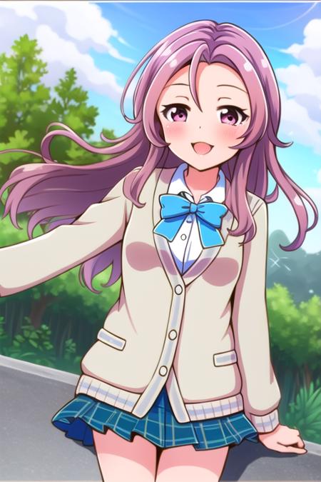 masterpiece, best quality, 1girl, solo, serizawarenge, pink hair, long hair, pink eyes, bangs, brown cardigan, long slevees, blue bowtie, plaid skirt, green skirt, school uniform, smile.