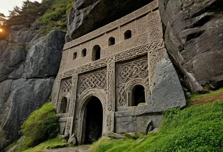 raw photo, (closeup) (wideshot) a sunset landscape, PNW coast, forested ravine cliffs, , cozy, photorealistic, abandoned Towering Stone gateway entry into dark the side of rocky mountain cliff face, (dwarven: 1.39), high fantasy style, high detailed texture, 8k uhd, dslr, soft lighting, high quality, film grain, Fujifilm XT3, Sony A7 IV, highly detailed photography, (muted colors, cinematic, dim colors, soothing tones:1.2), vibrant, insanely detailed, hyperdetailed, (dark shot:1.2), (vsco:0.3), (intricate details:0.9), (hdr, hyperdetailed:1.2) (highest coherency: 1.39) (highest quality: 1.39) (rule-of-thirds) (award-winning) (masterclass) (highest resolution: 1.39) (castle architecture built into cliff: 0.69) (protruding from hillside) (rounded doorway) (glowing elven celtic knot designs) (carved from the rock: 1.49)