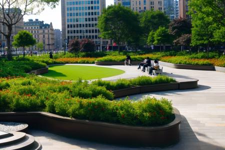 <lora:JJsLandscapeDesign:.8>, masterpiece, best quality,Landscape, scenery, outdoors, park, paving ,bench, building, tree, sky,  real world location, day, grass, bush, flower, city, fountain,