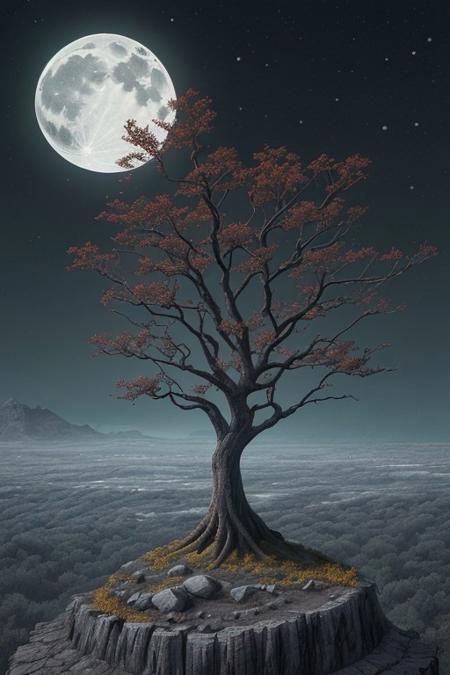 Humongous, gnarled, majestic, tower, (detailed stone texture: 1.2), ebony walls, centered in frame, against moon , (cold moonlight: 1.3), light, beautiful night sky, landscape centered next to river, fantasy style, tame tone, dramatic lighting, (dim light, slightly elevated perspective, photorealistic style, digital art, soft yellows, deep blacks, cold whites, warm reds, soft blues, green landscape; (detailed branches:1.1), slightly out of focus, moon dominating upper portion of image, fantasy tree, green hill, epic, oil painting, epiCPhoto, magnificent