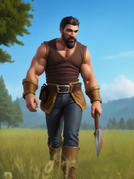 <lora:Warcraft3_peasant:0.7> solo, looking at viewer, short hair, black hair, 1boy, holding, weapon, male focus, boots, outdoors, sky, day, belt, pants, armor, tree, blue sky, muscular, feet out of frame, facial hair, thick eyebrows, grass, muscular male, bara, beard, walking, mature male, fence, mustache, axe, manly, house, realistic, 8k, ultra hd, beautiful, professional, highres, absurdres, award winning, photorealistic, ultra highres, sharp focus, best quality, extremely detailed, masterpiece, hyper-detailed, photographic, perfect detailed hands, perfect face, perfect body, perfect eyes, perfect lips, perfect nose, perfect hands, perfect fingers