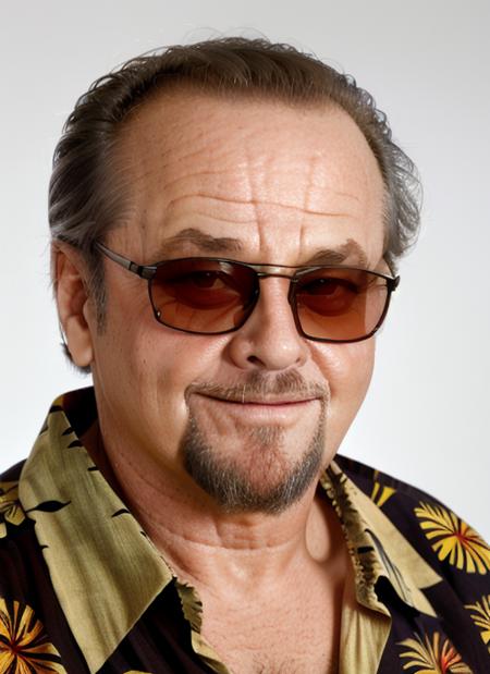 closeup portrait photo pinup of  jno1, man, goatee, sunglasses, wearing a hawaiian shirt, for magazine with studio lighting, simple background, white background   <lora:JackNicholsonOld:1>