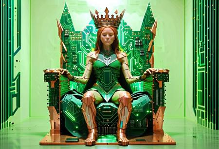 throne-shaped figure built from pcb, circuit boards folded into limbs, copper as skin, head fused with socket chip, seated in data cathedral, green glow, symmetrical layout, 