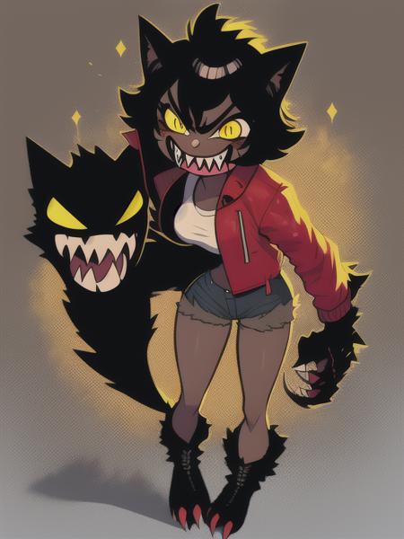 rudy, werewolf, (masterpiece:1.2), (best quality:1.2), full body, ((small breasts, short:1)), 1girl, solo, complex lighting, simple background, short messy hair, black hair, dark skin, (red jacket, denim shorts:1.1), cute, adorable, extremely detailed face, (sharp teeth, yellow sclera, black pupils )+, large eyes, (angry, annoyed look)+, blush,