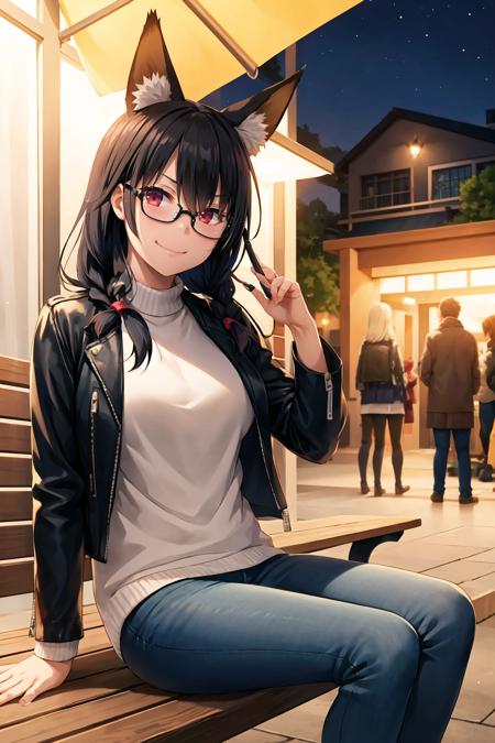 1girl, solo, sidelocks, twinbraids, (black hair), red eyes, smug, smirk, glasses, sitting, bench, partk, at night, long hair, white sweater, leather jacket, (black jacket:1.2), fox girl, fox ears, fox tail, jeans, black tail, <lora:Nakajima-yuuka-Style_878808:1>