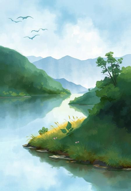 style of Harriet Lee-Merrion,  (Serene watercolor landscape:1.1), (peaceful atmosphere:1.1), (calm waters:1.1), (lush vegetation:1.1), (soft lighting:1.1), (subtle shadows:1.1), (high-resolution digital painting:1.1), (clear outlines:1.1), (vibrant colors:1.1), (emotion-focused:1.1), (landscape features:1.1), (artistic interpretation:1.1), (nuanced textures:1.1), (outdoor setting:1.1)