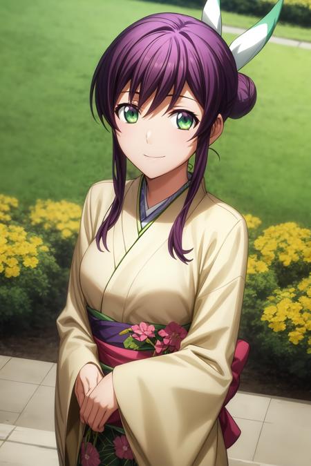 mikono_suzushiro hair bun, sidelocks, single hair bun, purple hair, aqua eyes