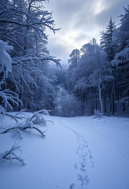 A remote, deep forest where the trees are frozen under a thick layer of frost. The branches are covered with heavy, glittering ice that shimmers in all the colors of the rainbow in the faint dawn light. The ground is covered with a thick layer of snow, streaked with fine ice crystals that sparkle in the light like tiny diamonds. In the background, a winding river can be seen, the water so cold that it has frozen into delicate, round ice crystals at the edges. A fine mist hangs over the river, giving the scene a mystical atmosphere. The sky above is gloomy and gray-white, with only a faint glimmer of sunlight breaking through the dense treetops and making the layers of ice glitter. There is no wind in this landscape, and the silence is overwhelming—only the faint crunching of ice and snow can be heard. The frost leaves everything in an icy, almost magical stillness, as if time itself has been frozen here. It is a scene that captures the pristine beauty and quiet, fragile power of ice in its purest form.