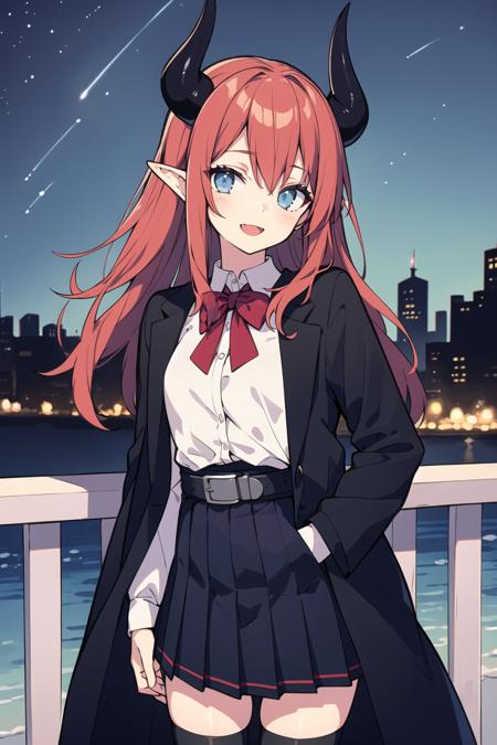 (masterpiece), (best quality), (ultra-detailed), cowboy shot, 1girl, light smile, bridge, blue eyes, pointy ears, long red hair, demon horns, looking at viewer, open mouth, hand in pocket, medium breasts, open black coat, white shirt, black pleated skirt, belt, long sleeves, black thighhighs, zettai ryouiki, (star (sky)), (best cityscape)