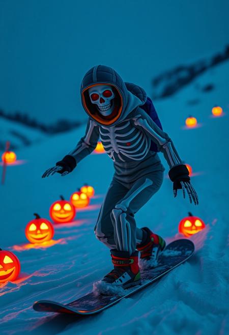 (style of Tim Walker) skeleton, winter sportswear, neon snowboard, glowing jack-o-lantern course markers, icy blue snow, dynamic action pose, hollow eye sockets determination, orange light snow contrast, frozen mountain slope backdrop, high contrast colors, cinematic lighting, eerie playful atmosphere, snow flurries