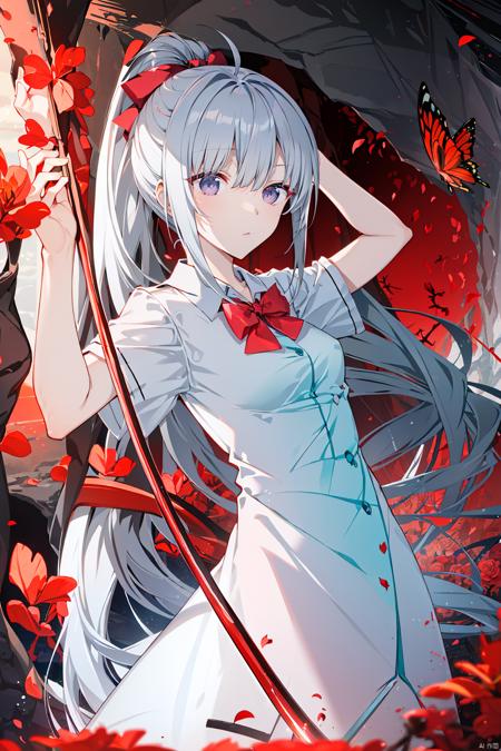 masterpiece,  best quality,  absurdres,  incredibly absurdres,  best quality,  wallpaper,  extremely detailed cg unity 8k wallpaper,  (ginka),  silver hair,  ponytail,  butterfly hair bow,  ahoge,   ,  noble,  elegance,  light sliver white long hair,  Rose red dress,  nsfw,  ((((red Theme)))),  ((((Many red violets)))),  Glowing red,  mystery,  Quiet,  (((((A sea of red flowers))))),  ((((In a big darkness cave)))),  Amethyst,  ((lake)),  gorgenous light,  light rays,  a breathtaking view,  (((((darkness))))),  star,  In a huge,  dark cave,  dream,  ((underground)),   ,  water,  red mushroom,  starlight,  star,  (little red flowers),  ((((many red cane vine)))),  (((many little red butterfly))),  red grass,  (((many red petal))),   ,  backlight,<lora:EMS-251744-EMS:0.800000>