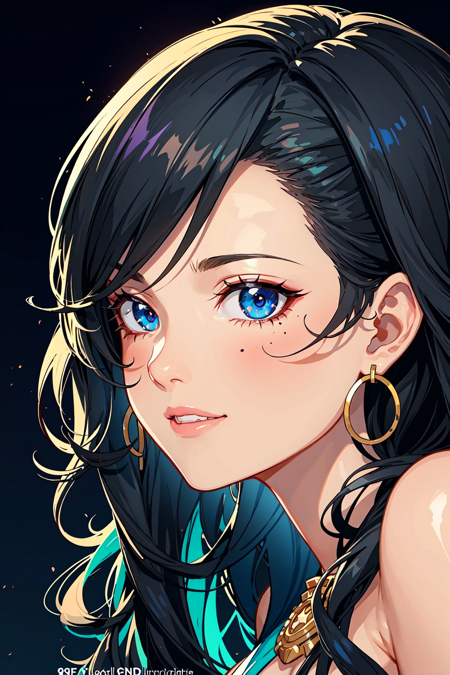 (masterpiece, best quality, ultra-detailed, highres, best illustration),perfect face,sidelighting, lustrous skin,(bloom), (shine), ray tracing,1girl, dark skin, dark-skinned female, solo, jewelry, very dark skin, earrings, mole, blue background, smile, looking at viewer, mole under mouth, black hair, blue eyes, curly hair, afro, bare shoulders, makeup, eyeshadow, parted lips, star \(symbol\), watermark, hoop earrings,depth_of_field, city background,very detailed background,extreme light and shadow,beautiful detailed eyes, perfect lighting , perfect anatomy,(extremely detailed illustrated 8k wallpaper), vivid colors,(zentangle, mandala, tangle, entangle:0.6), extreme light and shadow, bloom, shine, dynamic angle,