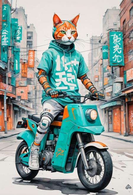 A stunning watercolor illustration that masterfully combines anime, streetwear, and conceptual art to create a futuristic robotic cat ride. The teal and orange robot features a large, boxy head with antennas and intricate mechanical details, exuding advanced technology. The rider, dressed in bold streetwear fashion, commands the bike-inspired vehicle, showcasing the perfect fusion of styles. The background, a soft off-white hue, hints at a cityscape or digital interface, incorporating subtle graffiti and typography elements. This innovative piece merges traditional ukiyo-e, graffiti, and modern influences, illustrating the intersection of fashion, conceptual art, and illustration. The cat-themed t-shirt bears the slogan, "I am back," signifying the robot's return to action. The artwork is vibrant, playful, and, typography, painting, conceptual art, fashion, graffiti, anime, illustration, ukiyo-e