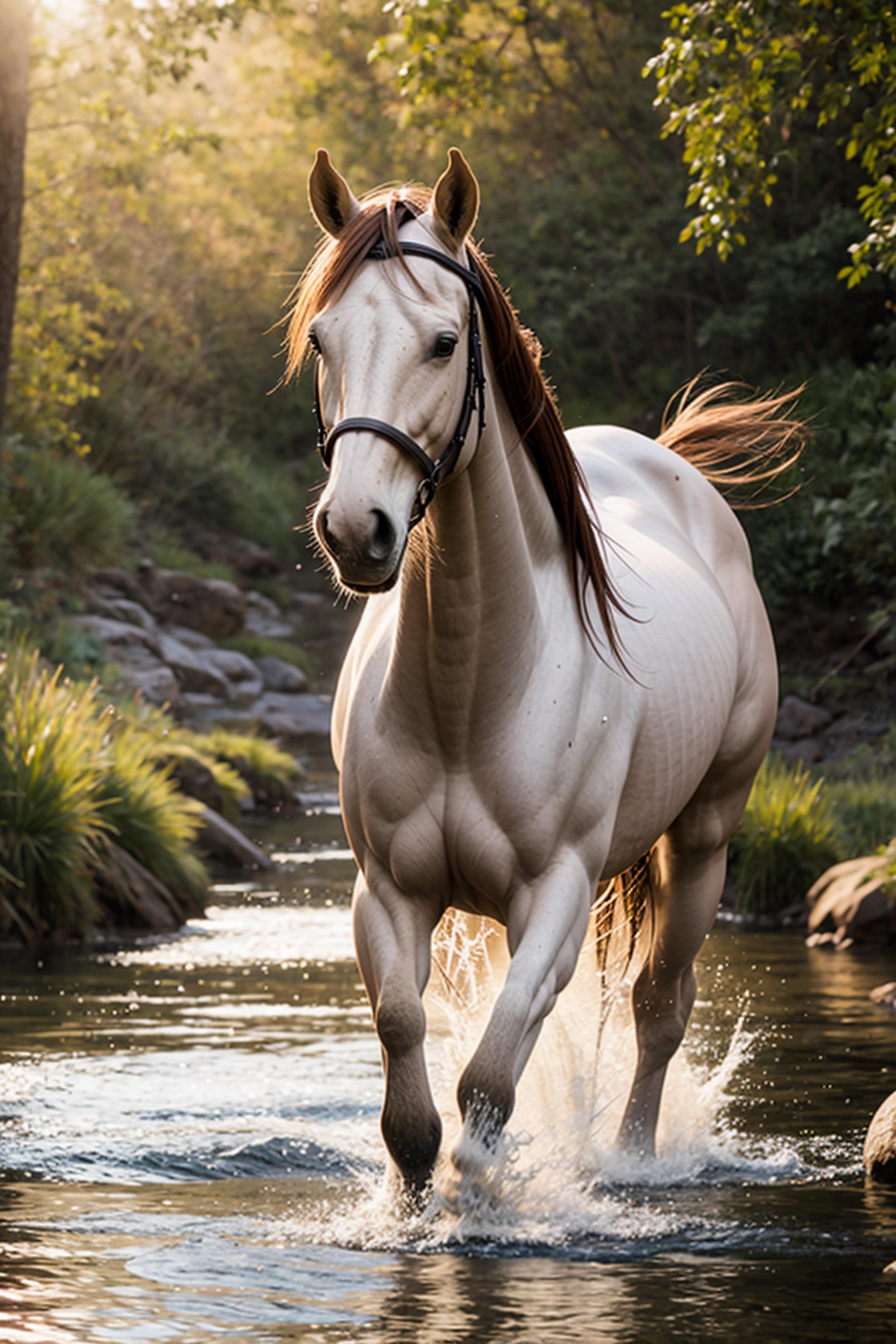 White Horse Running Through Water with Mane Flying in the Wind