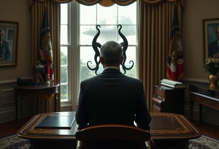 cthulu for president, oval office, mushroom cloud outside window, real photograph, inspector gadget style, photorealistic, correct hands, correct fingers, lovecraftian, vote button, campaign photo, election, elegant scene, facing away, sitting