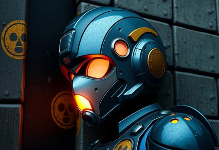 a Southeast Asian MegamanX on a Defense Wall, with a round face and unique, professional design. The artwork should feature enamel and golden ratio details, with a mysterious and cursed tone. Incorporate elements of flat paint and micro details, blending the styles of Michelangelo Buonarotti, Kevin Kostic, Syd Mead, James Gilleard, and Drue Langlois. Utilize a mix of 3D rendering and ultra-realistic nuclear background. Output a high-quality image in 8K resolution.