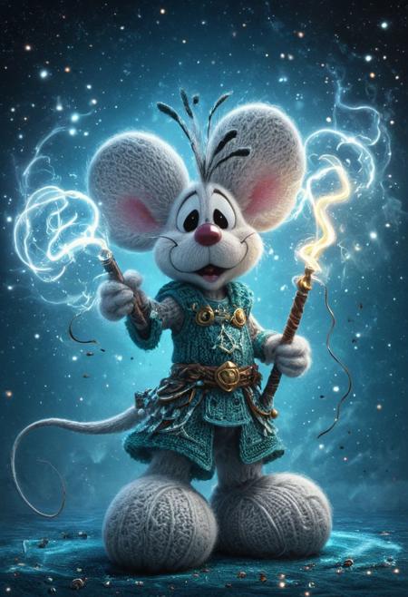 realisitc, photorealistic, volumetric lighting, italian, a bold and fancy image of fluffy diddl mouse made of knitted wool, bold lines, perfect lines, emphasis lines, vertical lines, floating in space, stars, DARK Skull hkmagic Knight in shiny armor diddl with Large dual axes, ghostly, lake, a bold drawing image infront of a mystic turquoise abyss background,