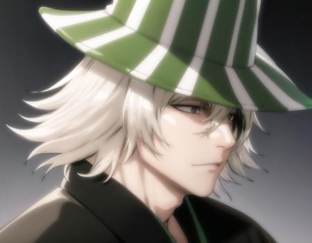 shaded face, 1boy, urahara kisuke, solo, male focus, black haori, green hakama, (masterpiece, best quality), grey eyes, blonde hair, green hat, (striped), solo, <lora:kisuke-v11:0.6>