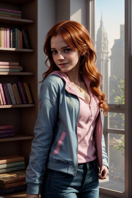 Hermione_Granger_Emma_Watson-4400, a woman, smile in face, Pencil in her hand, happy, golden hair, (a woman in a blue jeans jacket and a blank pink zip hoodie and jeans pants, ginger brown hair:1.2), curley, pretty, in library, books, detailed, hdr, epic background, line art, digital illustration, comic style, dynamic, highly detailed, artstation, concept art, smooth, sharp focus, illustration, Thomas Moran style, art by Carne Griffiths and Wadim Kashin, detailed background, 60-30-10 color rule, warm tones, godrays, unreal engine, greg rutkowski, loish, rhads, beeple, makoto shinkai and lois van baarle, ilya kuvshinov, rossdraws, tom bagshaw, alphonse mucha, global illumination, detailed and intricate environment <lora:more_details:0.25> <lyco:GoodHands-beta2:1.0>