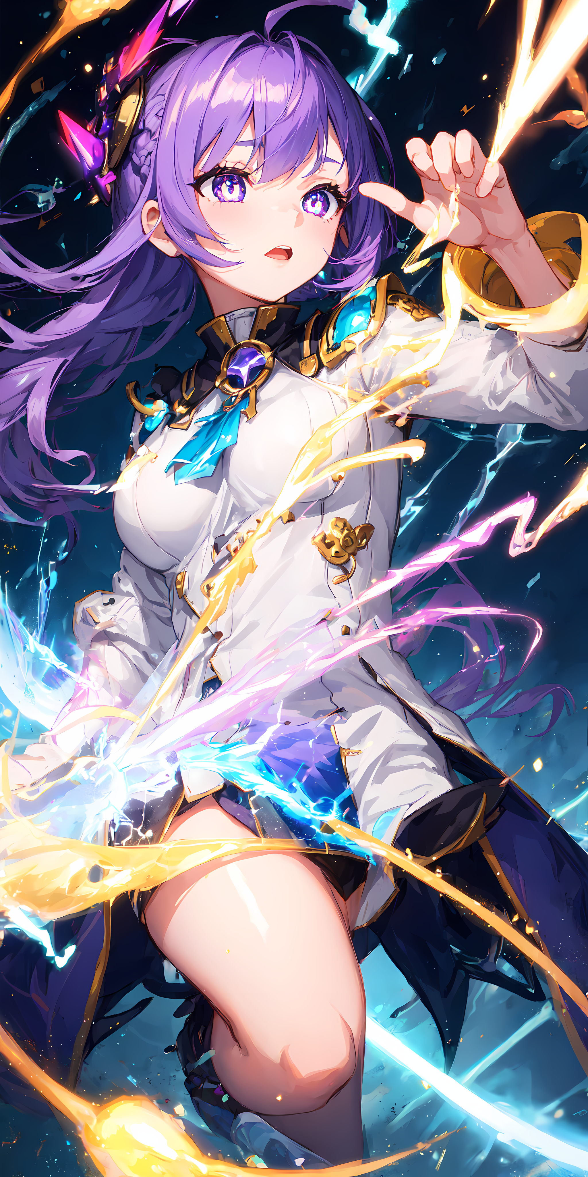 1girl, purple hair, symbol-shaped pupils, lightning witch, lightning, light particles, light rays, wallpaper, colorful,