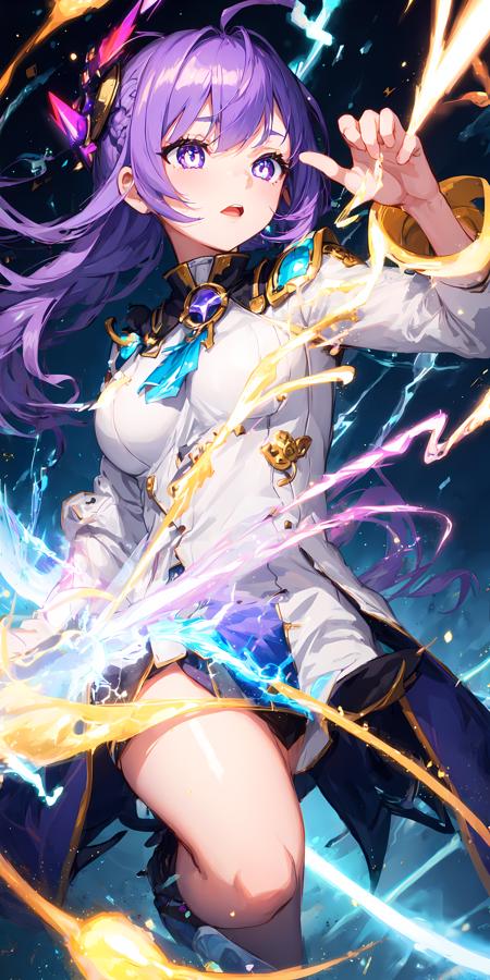 1girl, purple hair, symbol-shaped pupils, lightning witch, lightning, light particles, light rays, wallpaper, colorful,