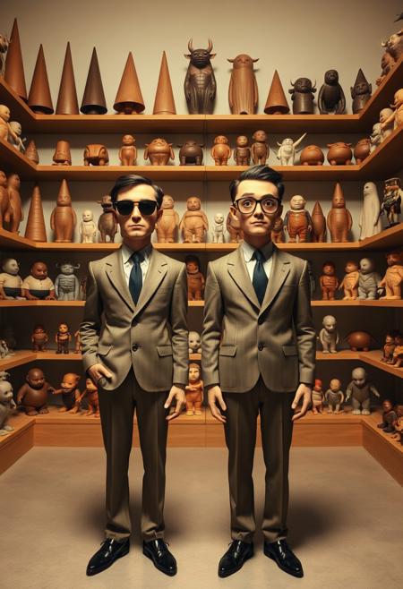 In a quiet, surreal gallery space, two men in vintage-style suits pose in complete stillness. Their expressions are blank yet oddly expressive, rendered in stylized proportions—slender bodies, simplified facial features, and doll-like limbs. One wears dark sunglasses; the other sports large round eyeglasses, both adding to their enigmatic presence. Behind them stretch shelves filled with fantastical figurines—tall cones, squat blobs, ghostlike animals, and faceless creatures—all painted in warm neutrals with subtle graffiti-esque markings. Some figures have horns or beaks; others look like abstract sculptures from a child's imagination. The background feels like a cross between a toy archive and a surreal temple. The lighting is soft and diffused, casting gentle shadows that give the scene a sculpted, painted quality. The entire image conveys quiet absurdity and urban mythology through a blend of innocence and surrealism.