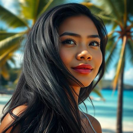 A close-up portrait of a Filipina woman with long, flowing black hair, radiant and warm skin tone, soft natural lighting, set against a lush tropical island background with palm trees and clear blue skies, vibrant and serene atmosphere, highly detailed and photorealistic style
