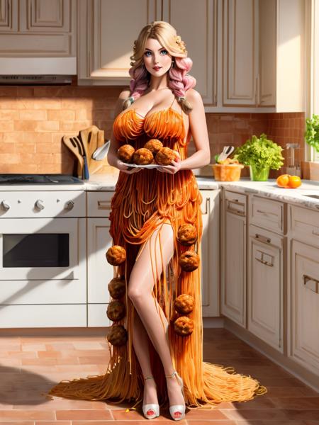 Boho Braid with Crystal Hair Clip, (full body:1.3) huge gigantic breasts, sp4gh3tt1_dr3ss, long dress made of spaghetti pasta and meatballs, holding meatballs, carrying meatballs, eating, <lora:sp4gh3tt1_dr3ss-13:0.8>, best quality, high detail, high quality, high res, kitchen