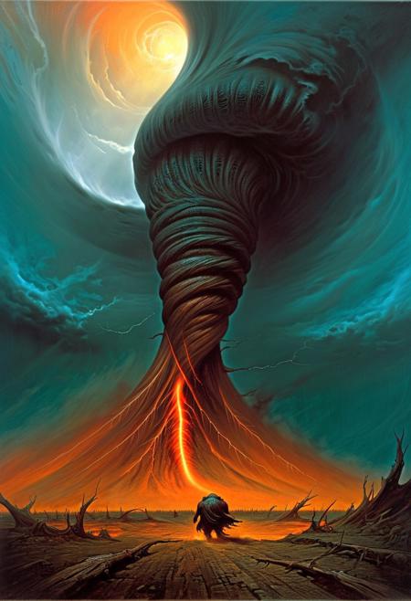 Spectacular scene, dark monsterous tornado emerging from the evil void, muted reds,  by Zdzisław Beksiński, tomasz alen kopera, dark teal and orange, hybrid creature compositions, hyper-detailed, best quality