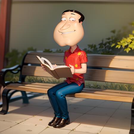 ((masterpiece, best quality)),(complex light), quagmire, solo, shirt, 1boy, standing, full body, short sleeves, collared shirt, red shirt, blue pants, <lora:TheGooder_quagmire1-1:0.8>,brown shoes, sitting on a bench, reading a book, big chin,