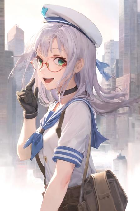 best quality, masterpiece, 1girl, upper body, from side, looking away, ruined cityscape,
neon \(nikke\) <lora:neon_nikke_v01:1.2>,
glasses, white beret, open mouth, white sailor shirt, short sleeves, blue sailor collar, blue kerchief, smile, green eyes, belt pouch, brown choker, lavender hair, straight hair,