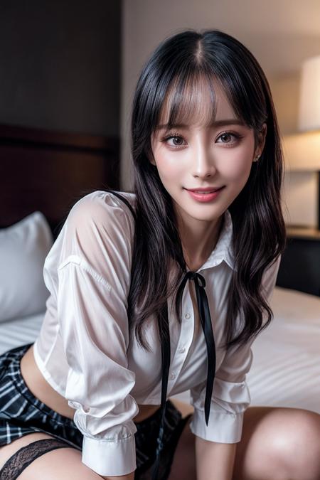 VG03_SoloTI_v1,
(happy,smile,eyes,face),
(Plaid miniskirt paired with a fitted white blouse, a few buttons undone, knee-high socks peeking above lace-up boots, tousled hair styled with a playful ribbon),
(midnight,In hotel room, luxury suite:1.3),
(seductive:1.4),photorealistic, masterpiece, high quality, artistic, unique, award winning photograph, professional, 8k, RAW photo, best quality, 
<lora:add_detail:0.8>,<lora:LowRa:0>, PA7_Portrait-MCU,