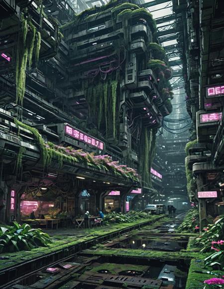 <lora:SWL_Underground1xlb:1> swlu1, cyberpunk, underground, futuristic, abandoned, image2, photo of underground sci-fi structure, overgrown, lush vegetation, blooming pink vines, hanging moss, futuristic decay, market stalls, people working, soft cinematic lighting, volumetric fog, neon signs, side alley view, layered architecture, reclaimed urban ruins, realistic, detailed, atmospheric, semi-abandoned, nature and technology blend,