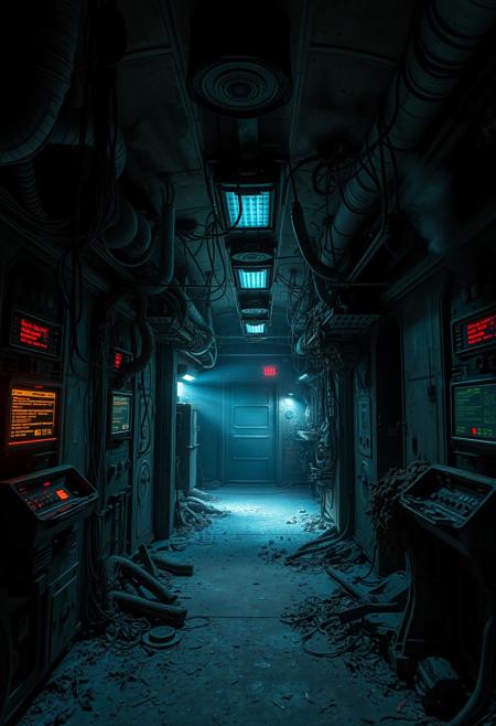 A creepy, dimly-lit corridor on a derelict spaceship, with broken wires hanging from the ceiling and steam hissing from ruptured pipes. The walls are lined with old, malfunctioning control panels that flash sporadically with error messages. The floor is littered with debris, and strange, organic-looking growths have started to take over parts of the ship. The atmosphere is thick with tension, as if something unseen is watching from the shadows.