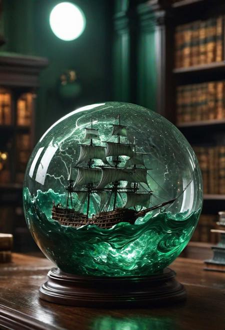 A  glass sphere sculpture, concealed inside the sphere is a large Pirate Ship in a Lightning storm, large dark green waves, in the dark, detailed image, 8k high quality detailed, the moon, shaped sphere, amazing wallpaper, highly detailed, 8k UHD detailed realistic image, beautiful art UHD, focus on full glass sphere, background old library ,  background Modifiers: extremely detailed Award winning photography, fantasy dark green studio lighting, photorealistic very attractive beautiful imperial colours ultra detailed 3D, (Very Intricate)