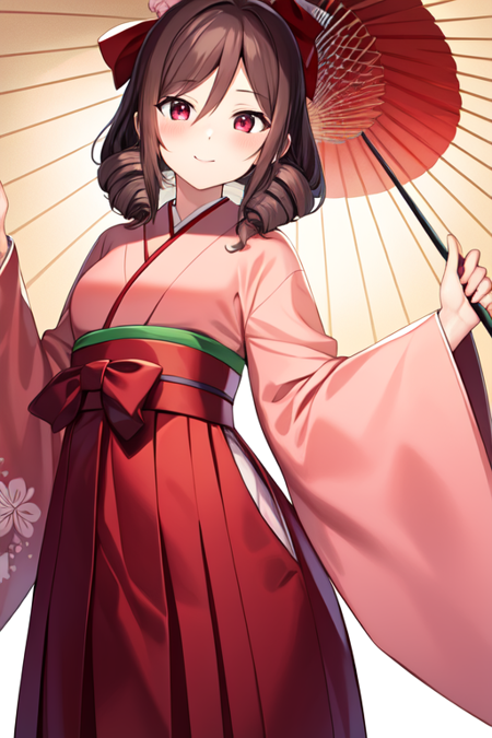 harukazekc,twin drills,red bow,japanese clothes,pink kimono,wide sleeves,red hakama skirt,