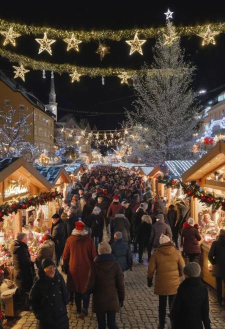 Highly detailed photo of people at a christmas market, happy mood of christmas and holy night spreads all over the galaxy, greatful, thankful, peaceful, in the mood of christmas, 4k