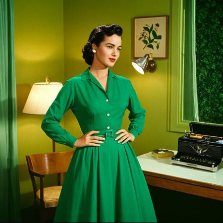 UHD, 4k, ultra detailed, cinematic, a photograph of  <lora:kodachrome xl v1:0.9>
In 1950's a cinematic Kodachrome Technicolor motion picture of a woman in a green dress standing in a room, perfect image, perfect body, perfect anatomy, sharp image, detailed image, Kodak film style, high quality photography, Kodachrome style, Technicolor style, 1950's style, Technicolor Monopack style, 16mm, 8mm, Super 8 movie, 35mm movie style, film color style, cinematic photography style, analog photography style, cinematic film color style, deep color style, different character, different background, different picture, Eastman Kodak style, K-14 process style, Color slide style, film skin tone style, different color, solo, black hair, dress, standing, indoors, window, profile, own hands together, instrument, green dress, guitar, lamp, short hair, skirt, shirt, long sleeves, chair, green skirt, green shirt, table, side view, Kodachrome color style, epic, beautiful lighting, inpsiring