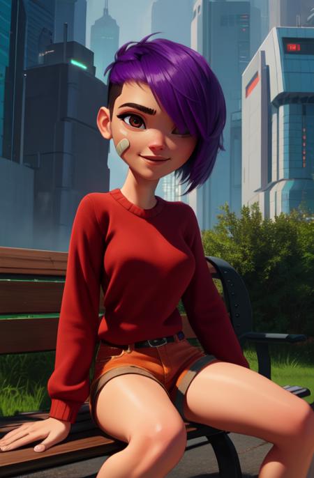 mai, short hair, bandaid on face, purple hair,  hair over one eye,  brown eyes, 
red sweater,  orange shorts,   
upper body,  benches,  sitting, 
cyberpunk,  soccer field, morning,   light smile, 
(insanely detailed, beautiful detailed face,beautiful detailed eyes, masterpiece, best quality) 
 <lora:maisu:0.7>