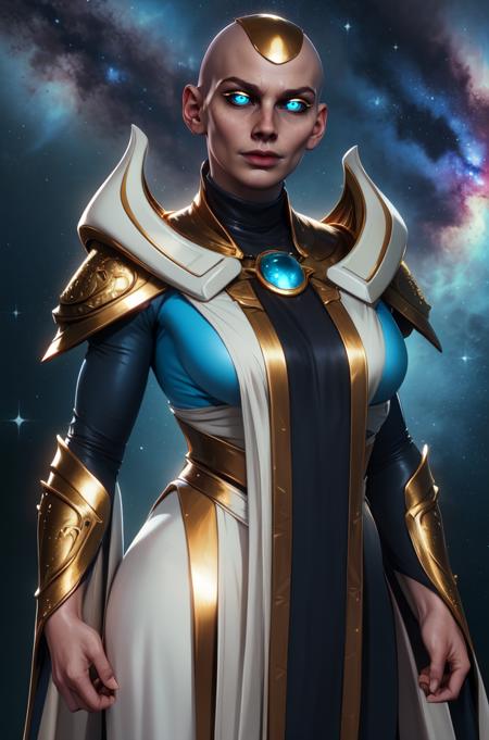 Kronika,solo,blue eyes,black sclera,bald,gold head cap,
white robe,shoulder armor,long sleeves,pelvic curtain,
standing,upper body,smug,
abyss,milky way,
(insanely detailed, beautiful detailed face, masterpiece, best quality) cinematic lighting,<lora:Kronika-mk11v8:0.8>,