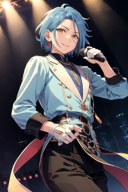 <lora:HiMERU:0.7> , himeru, solo, looking at viewer, smile, gloves, 1boy, jewelry, blue hair, yellow eyes, male focus, earrings, fingerless gloves, microphone, idol