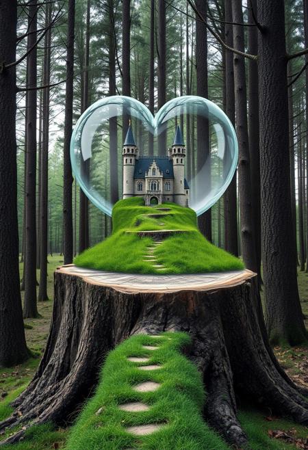 In the old forest, on a large sawn tree stump, stands a heart-shaped crystal ball, inside the crystal ball is an old castle, the castle is surrounded by a green grass, the grass a winding path leads directly from the stump to the castle.
