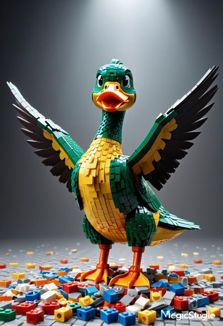 masterpiece, best quality, high detail, 4k, sharp focus, professional lighting, realistic textures, smooth skin, intricate details, vivid colors, cinematic lighting, Smooth Quality, elegant composition, LEGO, a smug LEGO duck standing upright on two legs, crossing its tiny LEGO wings, looking down with a judging expression, dramatic spotlight from above, cartoonishly serious face, dark background with fog, meme-style composition, exaggerated emotion, cinematic atmosphere