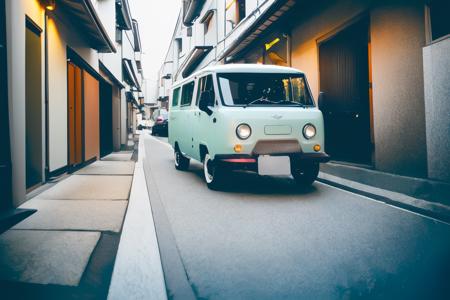 ((UAZSGR)), <lora:UAZSGR:.8>, (STANCE)  ((low-slung van)), on a narrow kyoto alley, japanese architecture, foggy street at night, bokeh, depth of field, 1 car,