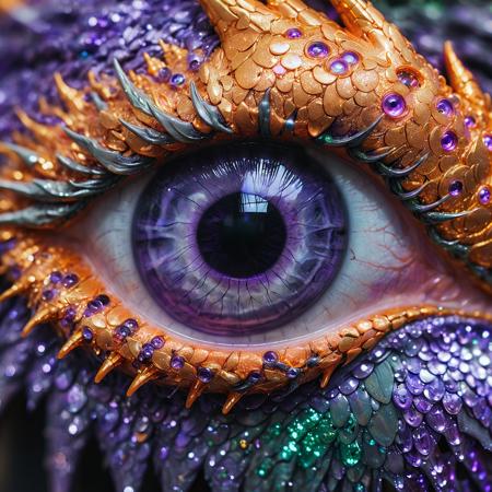 the eye of the dragon, purple and lavender scales, lavender and green eyes, orange dragon tears drip from the eye, and glitter, extreme closeup, macro photography, cyberpunk