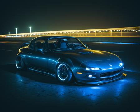 (intrincated details:1.2), (photorealistic), (masterpiece), (photography),  cinematic lighting, 
miata, cyberpunk ambient, car, ground vehicle, motor vehicle, no humans, scenery, solo, vehicle focus, night time, , neon lights
 <lora:Drone_Cars_XL:1>
 <lora:LauraColiflor_XL (2):1> blonde hair, long hair, narrow waist, toned legs, cyberpunk outfit, sitting in car trunk