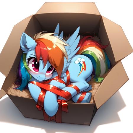 rating_safe, score_9, score_8_up, score_7_up, pony, feral, Rainbow Dash, lying inside a cardboard box, tied up with a red gift ribbon, body ribbon, ribbon, the ribbon wrapped around her body, playful and slightly embarrassed expression, eyes looking up, full body, BREAK, cozy and soft environment, cartoonish style, bright colors, fun and cute scene, playful theme, white background, BREAK, zPDXL3, MegaFluffyPony, fluffy, shiny,