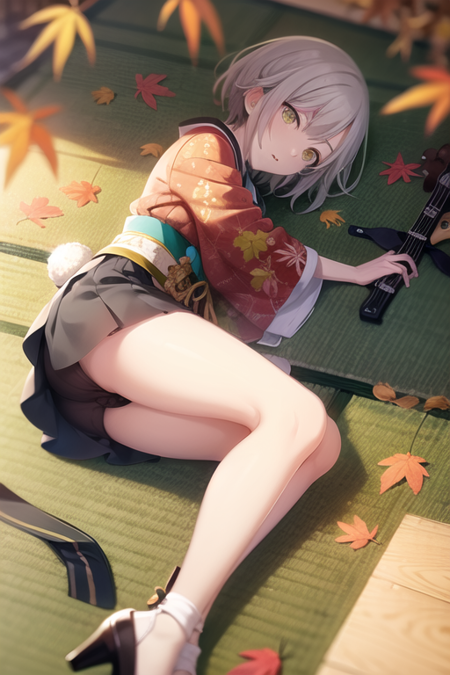 <lora:ShihoV3-07:0.7> , hinoshiho, 1girl, solo, short hair, ribbon, hair ribbon, yellow eyes, flower, white hair, lying, japanese clothes, leaf, on side, instrument, ball, rabbit, guitar, autumn leaves, maple leaf, origami, paper crane