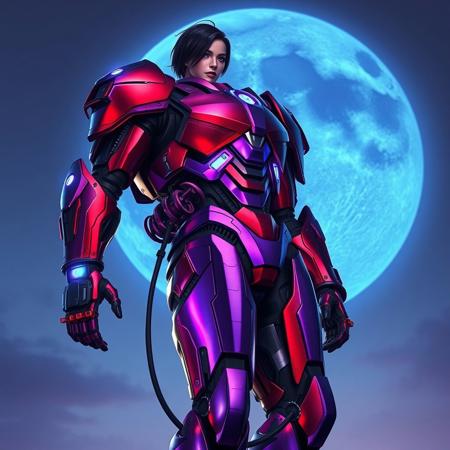 A full-body cyberpunk cyborg with a shiny purple and red titanium body, storing weapons inside. Dark hair, tied at the waist, hair over one eye. The cyborg stands on a tall tower with a giant blue moon in the sky. Blue light on the wrist, pink light on the chest. Reflective lighting, high-detail, 3D mecha effect, with textured skin and perfect proportions.
