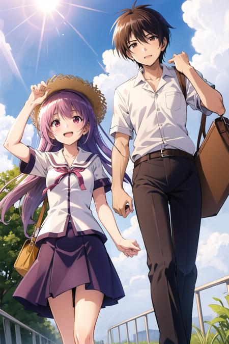 1girl, Iriya Kana, 1boy, hat, school uniform, shirt, ribbon, skirt, straw hat, socks, holding hands, walking, long hair, hetero, sky, school briefcase, blush, couple, bag, brown hair, short sleeves, white shirt, cloud, smile, school bag, brown eyes, purple hair, day, pleated skirt, shadow, pants, looking at another, short hair, standing, outdoors, open mouth, holding, shoes, bangs, pink eyes, loafers, kneehighs, sun hat, collared shirt, dress shirt, :d, neck ribbon, red eyes, purple skirt, pink ribbon, hand on headwear, buttons, leg up, serafuku, <lora:Iriya Kana:1>